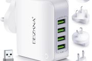 Travel Adapter 4 USB Universal Charger Plug Adaptor 22W 4.4A Multi USB Wall Plug with UK EU USA AUS Worldwide Power Adapter for iPhone, iPad, Android, Tablet(USB to USB C Adapter Included)