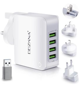 Travel Adapter 4 USB Universal Charger Plug Adaptor 22W 4.4A Multi USB Wall Plug with UK EU USA AUS Worldwide Power Adapter for iPhone, iPad, Android, Tablet(USB to USB C Adapter Included)