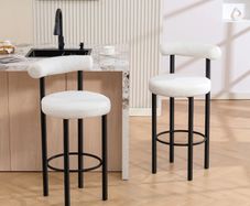 Set of 2 bar stools, boucle fabric bar chairs with curved backrest, footrest, 50x52.5x98cm, cream