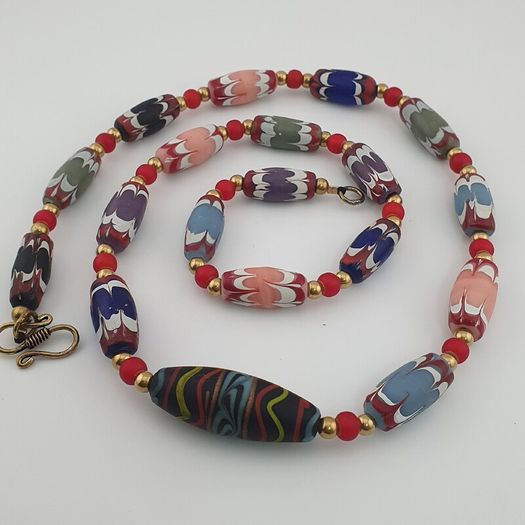 Antique Venetian Style Trade Glass & Venetian WhiteHeart Glass Beads Necklace