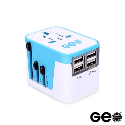 New GEO Smart Travel Adapter with 4 USB Charging Ports, All-In-One Universal Plug / Safe Wall Charger with USB Surge Protection - 1 YEAR GUARANTEE