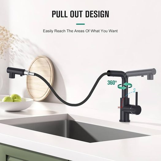 Kitchen Tap with 3 Function Sprayer, Pull Out Kitchen Mixer Tap, 360 Swivel Kitchen Sink Tap, Single Handle Sink Tap for Bathroom or Kitchen, Matt Black