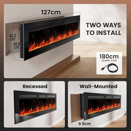 50/127cm Electric Fireplace 900W 1800W Heat Output, Ultra-Slim Wall Mounted or Recessed Electric Fireplace Inserts with App  Remote Control  Timer  20 Flame Colors Black