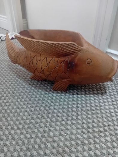 Large Koi Carp  Vintage Planter Wooden Handcarved