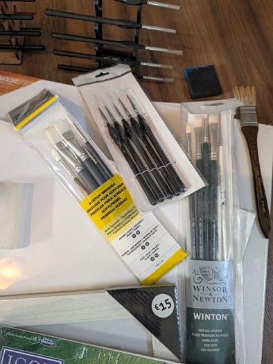 Large selection of oil painting brushes, paints and canvases, oils etc