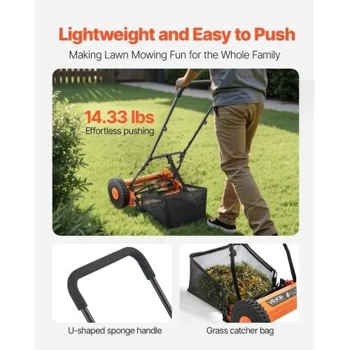 Push Reel Lawn Mower 35 cm, 5 Blades Manual Push Mower No Motor, 15-45 mm Adjustable Cutting Height, Walk-Behind Lawn Mowers with Grass