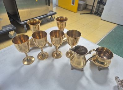 brass goblets/candle holders/jug and bowl