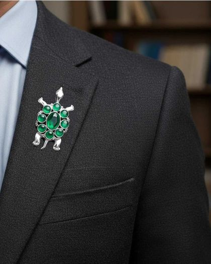Green Crystals stuffed Turtle shaped Brooch for Men and Women