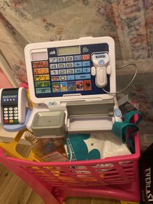 Toy trolley, food, till