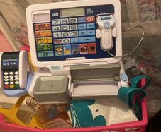 Toy trolley, food, till