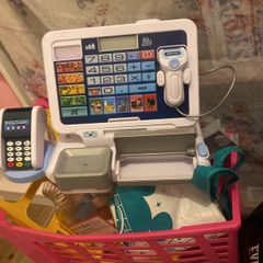 Toy trolley, food, till