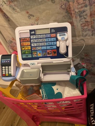 Toy trolley, food, till