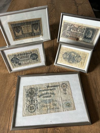 Set of 5 Vintage Banknotes in Frames  Historical Currency Display