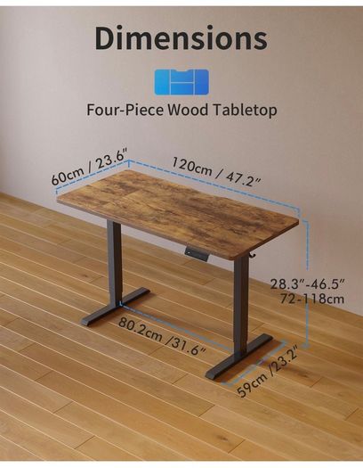 Electric Standing Desk 120 x 60 cm, Height Adjustable Sit Stand Desk with Memory Presets, Home Office Computer Desk, Black Frame with Vintage Brown Top