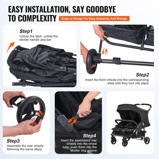 Double Stroller, Side x Side, Foldable Lightweight Twin Stroller with Tandem Seating, Adjustable Footrest/Rotating Handle, Wrap-Around Safety Harness,Storage Basket,for Newborn & Toddler (Black)