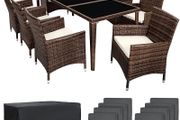 Aluminium Poly Rattan Dining Set, 8 Chairs + 1 Dining Table with Glass Tops, Includes 2 Cover Sets and Protective Cover, Various Colours