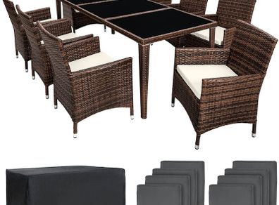 Aluminium Poly Rattan Dining Set, 8 Chairs + 1 Dining Table with Glass Tops, Includes 2 Cover Sets and Protective Cover, Various Colours