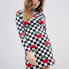 House Of Holland Cherry Print Checkered Racer Mini Dress RRP 120E