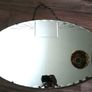 Vintage Art Deco Mirror. Scalloped bevelled edge frameless round wall mirror. Ready to hang on original visible chain. 25" x 15" Image 5