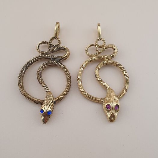 Vintage Lot of 2 Snake with Blue & Red Eyes Brass Pendant 65.5mm