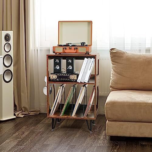 Rustic Record Player Stand, End Table with Record Storage, Vinyl Record Storage Cabinet Holder with Metal Legs, Turntable Stand Record Player Cabinet for Living Room, Bedroom, Holds 160 Albums