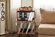 Rustic Record Player Stand, End Table with Record Storage, Vinyl Record Storage Cabinet Holder with Metal Legs, Turntable Stand Record Player Cabinet for Living Room, Bedroom, Holds 160 Albums