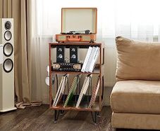 Rustic Record Player Stand, End Table with Record Storage, Vinyl Record Storage Cabinet Holder with Metal Legs, Turntable Stand Record Player Cabinet for Living Room, Bedroom, Holds 160 Albums