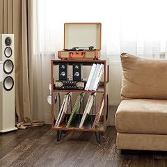 Rustic Record Player Stand, End Table with Record Storage, Vinyl Record Storage Cabinet Holder with Metal Legs, Turntable Stand Record Player Cabinet for Living Room, Bedroom, Holds 160 Albums
