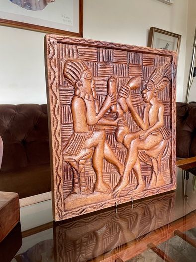 Vintage Hand Carved Deep Relief Large Wooden Wall Art Panel Tribal Village Scene Story Board