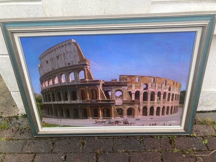 Large oil painting signed Roman colosseum
