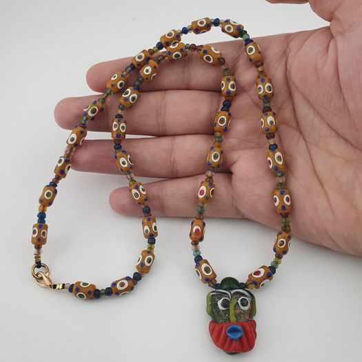 Vintage Venetain Style delicate Dotted Glass Beads & Old Face Glass Pendant Necklace