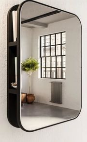 Mirror - Rectangular Black Metal Mirror with discreet open shelving