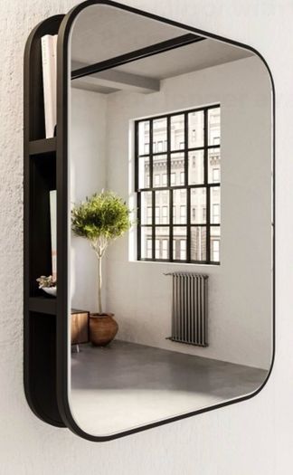 Mirror - Rectangular Black Metal Mirror with discreet open shelving