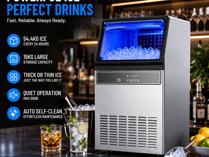 Commercial Ice Maker 54.4kg Per Day Stainless Steel Ice Machine with 15kg Storage