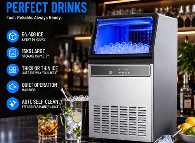 Commercial Ice Maker 54.4kg Per Day Stainless Steel Ice Machine with 15kg Storage