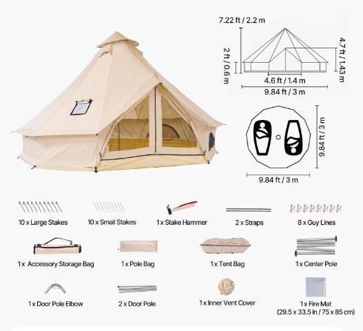 Oxford Bell Tent 4 Seasons 3 m Yurt Tent for Camping with Stove Jack Waterproof Breathable Holds up to 3 People with Zipped Detachable Floor