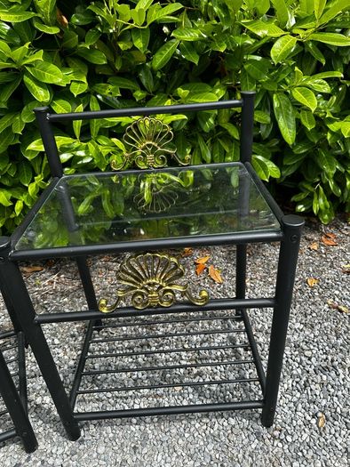 2 Regency Hollywood bedside tables black and gold with a glass top in perfect condition. W530 D409 H750