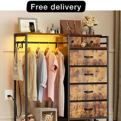 Chest of Drawers Bedroom with Hanging Rail, with LED Lighting and Power Socket