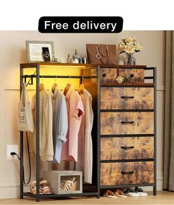 Chest of Drawers Bedroom with Hanging Rail, with LED Lighting and Power Socket