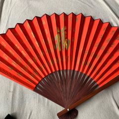 Vintage red Chinese character wooden & paper handheld fan