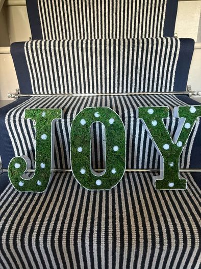 New bespoke 21.5cm high pre lit JOY sign with faux moss