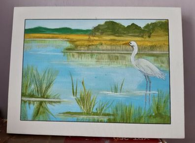 Acrylic Painting of a heron on the water.