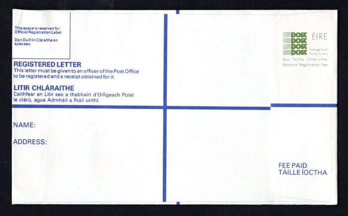 1990 Ireland Postage paid Imprint Registered envelope Size H (no compensation on reserve) Mint