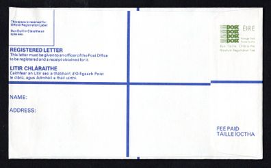 1990 Ireland Postage paid Imprint Registered envelope Size H (no compensation on reserve) Mint