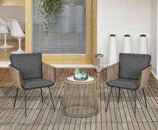 3 PCS Webbed Wicker Rattan Patio Furniture Conversation Bistro Set 2 Chairs 1 Coffee Table w/ Metal Legs for Garden, Backyard, Deck