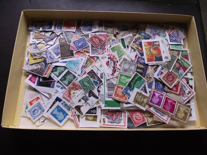 A box with collection of stamps from Great Britain