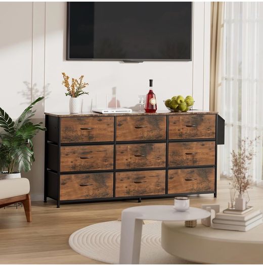 Fabric Chest of Drawers 9 Drawers Large TV Stand for 43-65 TVs Label Cards, Side Pocket &