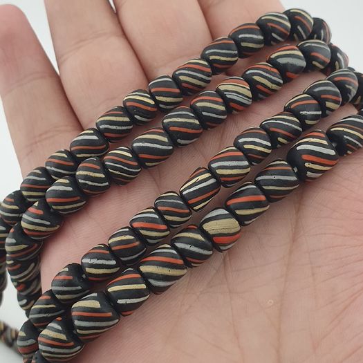 Vintage African Style MultiColor Stripe Black 7mm-8mm Glass Beads Necklace Strand