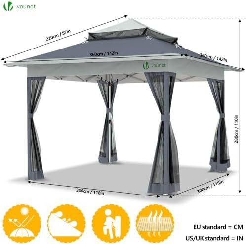 3.6m x 3.6m Pop Up Gazebo with Mesh Sides, Garden Double Roof Marquee Party Tent with Leg Weights & Roller Bag, Grey