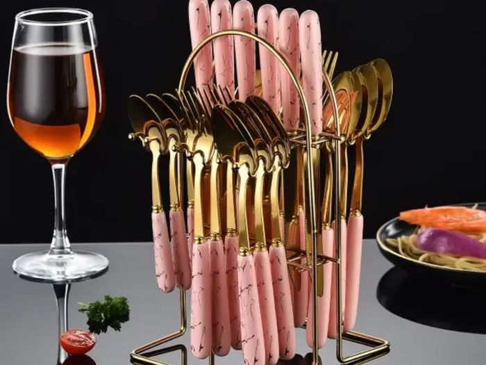 24 piece  set Stainless steel flatware set plastic handle  Knife spoon hanger